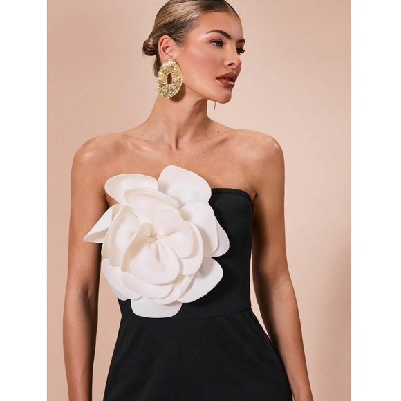 White Flower Strapless Black Elegant Jumpsuit High Waisted Long Wide Leg - Picture 2 of 8